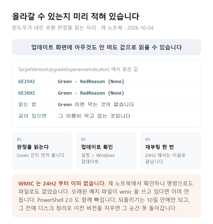 윈도우 11 26H2 업그레이드 판정 읽기와 올리는 순서