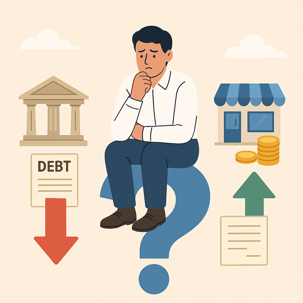 &ldquo;커다란 파란색 물음표 위에 앉아 고민하는 남성 일러스트. 왼쪽에는 법원 건물 아이콘과 &lsquo;DEBT(빚)&rsquo; 문서, 아래로 향하는 빨간 화살표가 있고, 오른쪽에는 가게 아이콘과 금화, 위로 향하는 초록 화살표가 있다. 남성은 파산과 회생 사이에서 고민하는 듯한 모습이다.&rdquo;