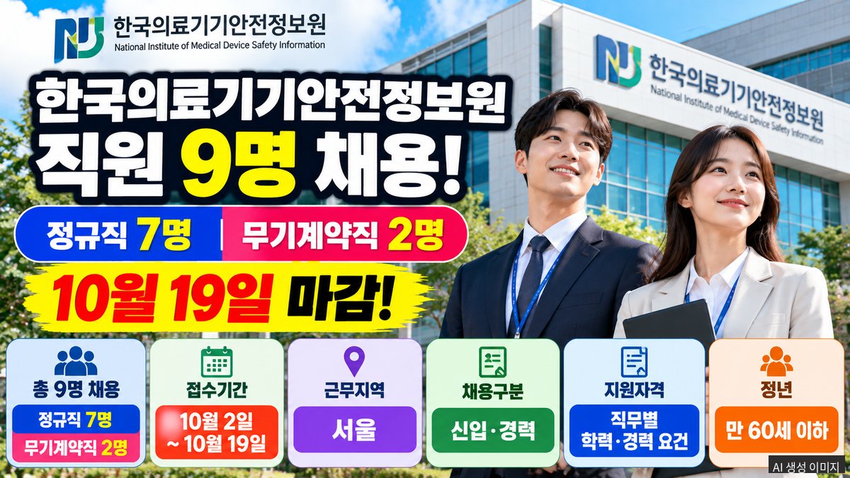 한국의료기기안전정보원 정규직·무기계약직 총 9명 채용 및 10월 19일 접수 마감 안내 이미지
