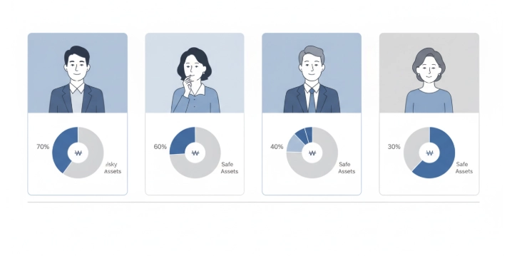 40대에서 50대 한국인의 연령대별 IRP 위험자산 및 안전자산 배분 비율을 보여주는 시각적인 포트폴리오 구성 예시