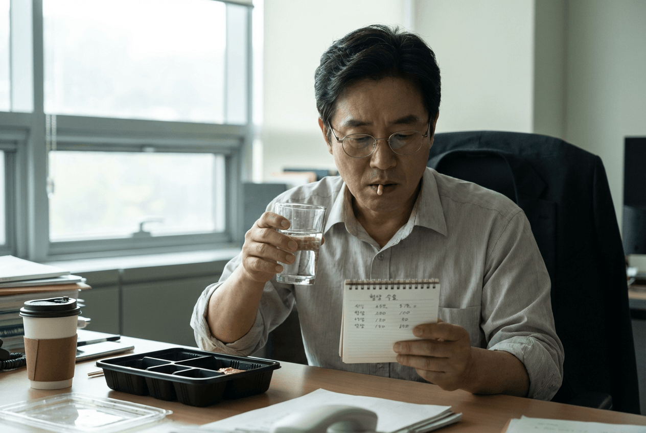 중년 한국인 남성이 사무실 책상에 앉아 점심 식사 후 물 한 잔과 함께 캡슐을 입에 물고, 손에 든 혈당 기록 노트를 진지하게 살펴보며 자신의 혈당 관리 루틴을 점검하는 모습의 이미지.