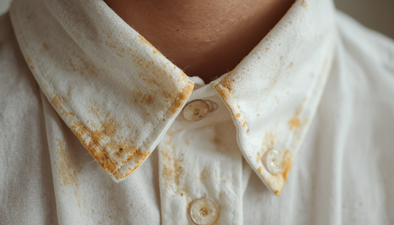 세척 전 심하게 오염된 누런 와이셔츠 목때