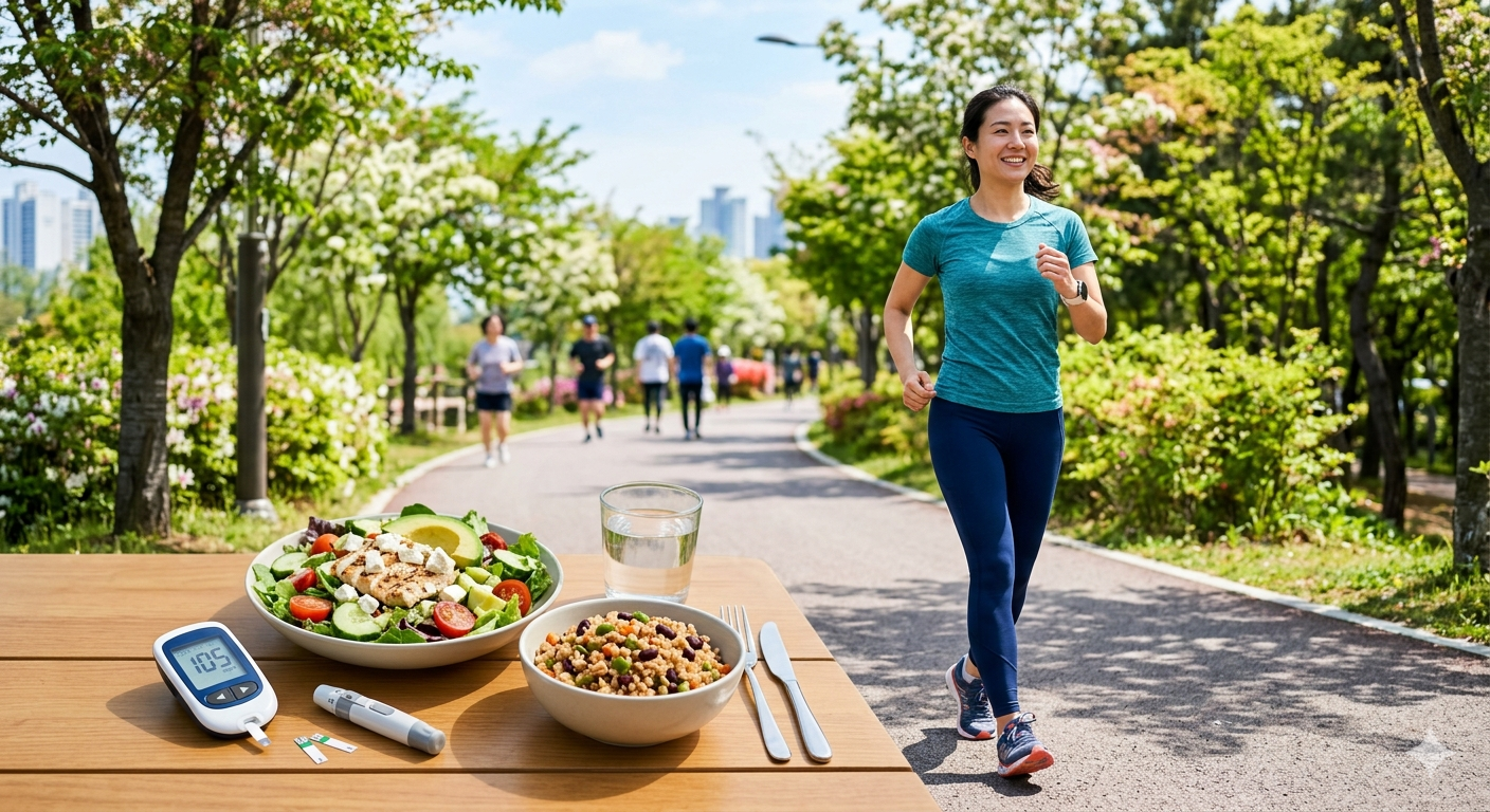 Clean and bright health-themed images showing a blood glucose meter, healthy food like salad and brown rice, and people walking or exercising.