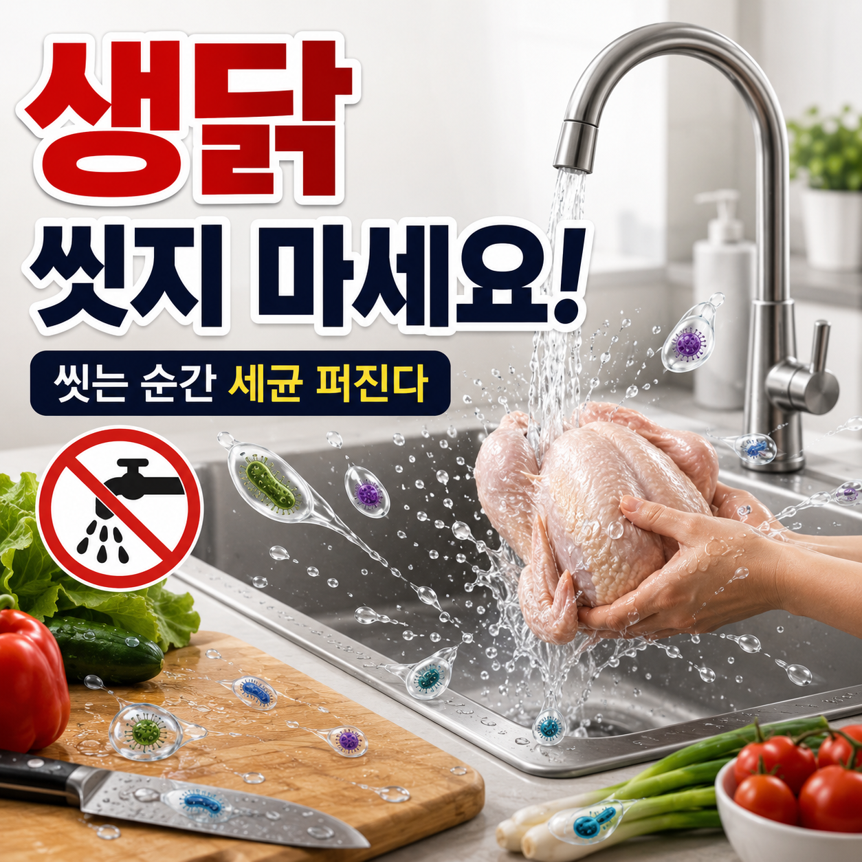 생닭과 육류를 물로 씻을 때 세균이 싱크대와 조리도구로 퍼지는 교차오염 위험과 달걀, 버섯, 파스타의 올바른 식재료 손질법을 설명하는 주방 위생 정보 이미지