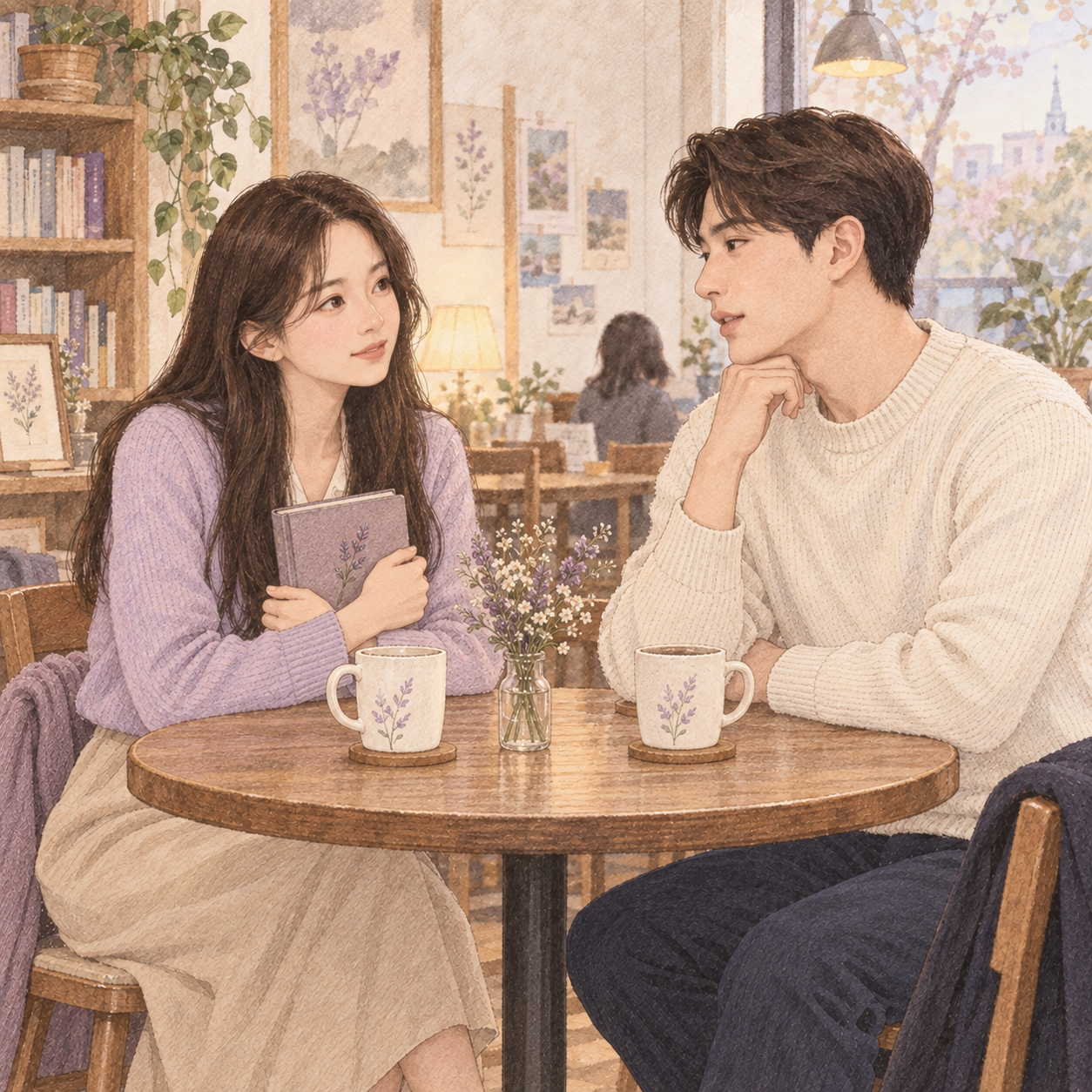 책을 안고 자신의 이야기를 나누는 유진과 듣는 준호의 일러스트