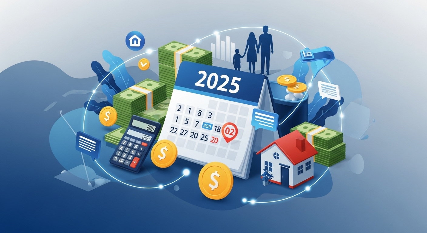 2025년 연말정산 주요 개정안과 절세 전략을 나타내는 현대적인 이미지. 달력, 돈, 집, 가족 실루엣 아이콘이 어우러져 세금 계획의 중요성을 시각적으로 강조합니다.