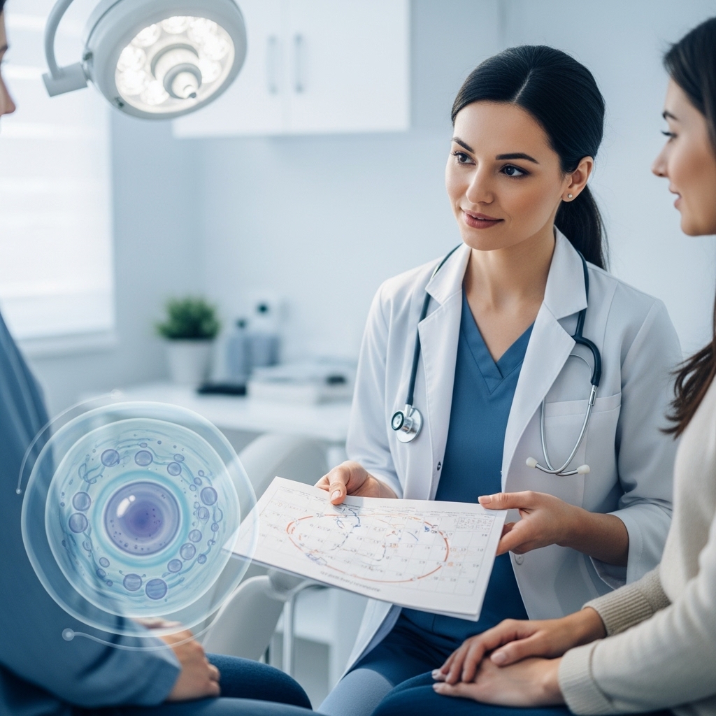 여성 환자와 의사가 자궁경부암 검진 시기를 달력으로 상담하는 모습. 신뢰감과 전문성을 강조한 클리닉 풍경.