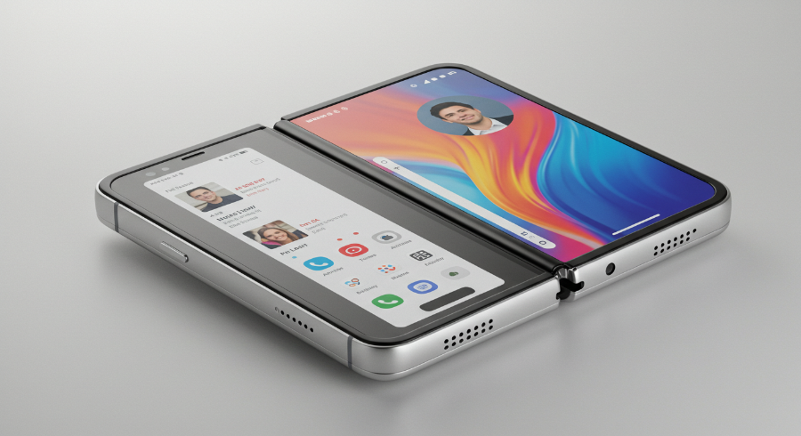 Modern foldable smartphone half-open showing dual display interface