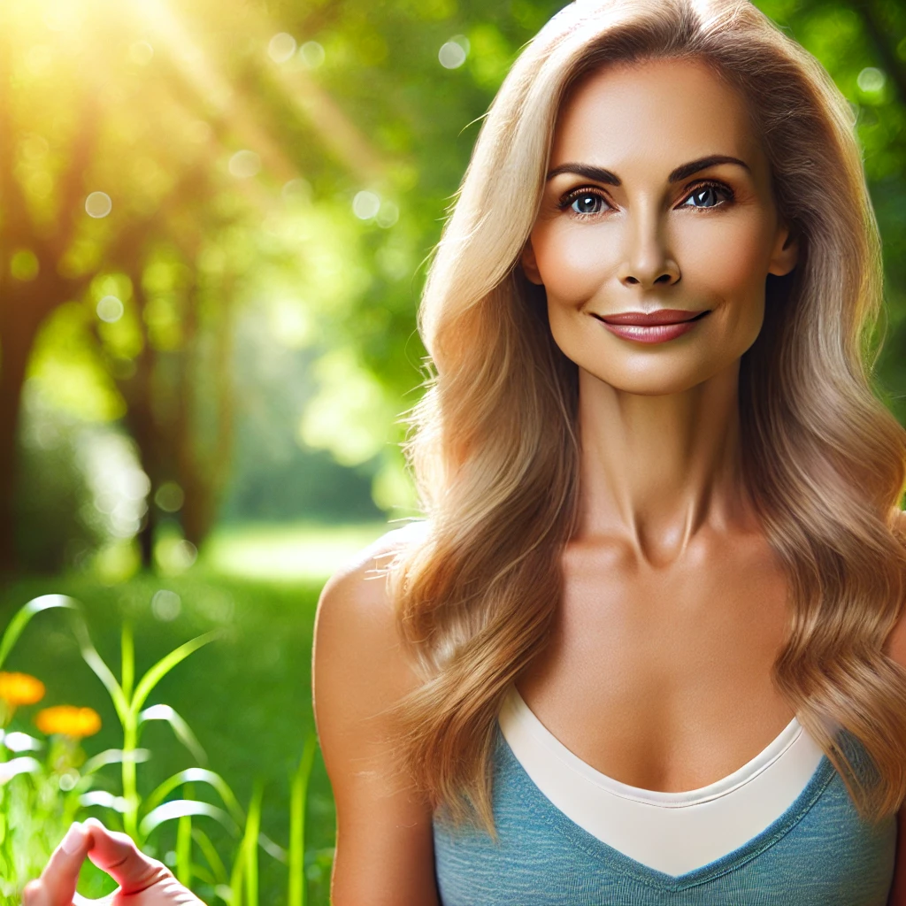 야외에서 요가를 하는 건강하고 활기찬 중년 여성. 맑은 날씨와 푸른 자연 속에서 평온한 표정을 짓고 있으며, 저속노화와 건강한 라이프스타일을 상징하는 장면.