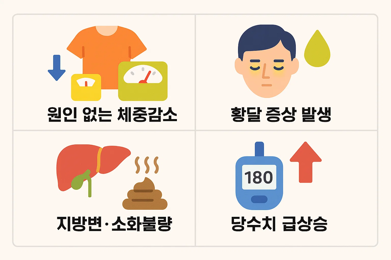 원인 없는 체중감소·황달·지방변·당수치 상승 등 췌장암에서 흔히 나타나는 주요 동반증상을 시각적으로 정리한 상세 인포그래픽 이미지