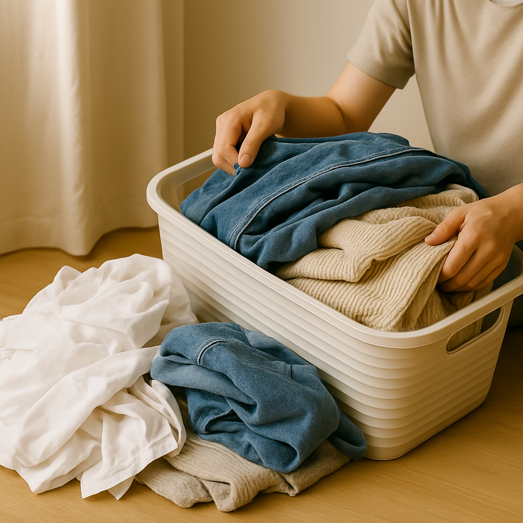 흰색, 데님, 니트 옷이 헝클어진 상태로 바구니 안팎에 쌓여 있고, 손으로 분류 중인 장면