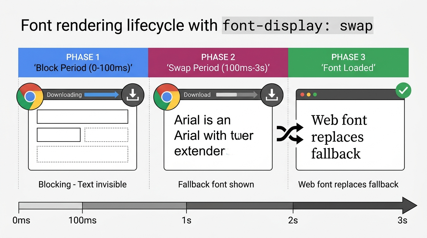 브라우저가 폰트를 다운로드하는 과정에서 font-display: swap 속성이 적용될 때 fallback 폰트를 먼저 보여주고 웹 폰트로 교체하는 렌더링 생명주기 다이어그램