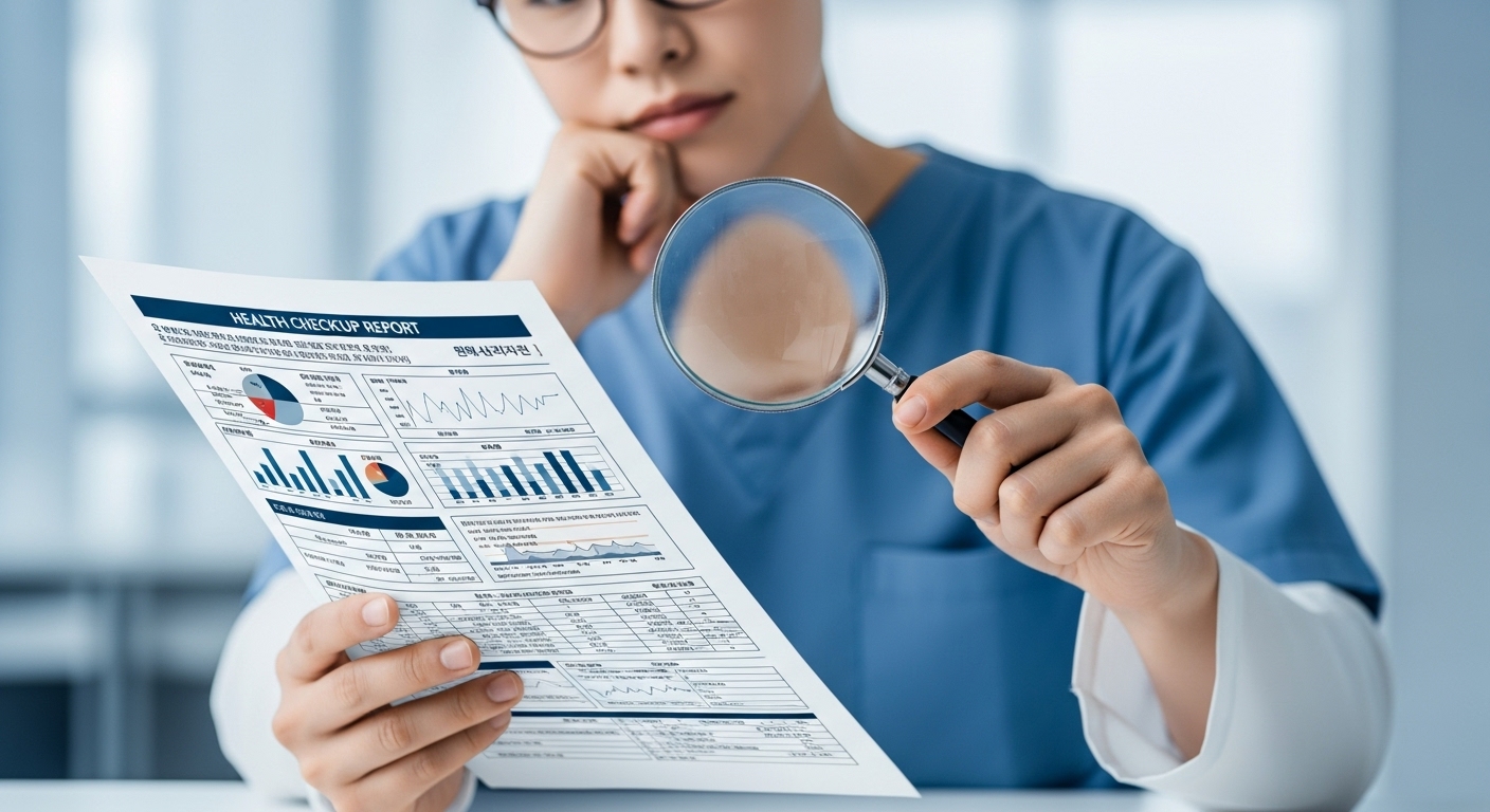 한 사람이 건강검진 결과지를 꼼꼼히 살펴보며 자신의 건강을 이해하려는 모습. 복잡한 의학 용어와 숫자로 가득한 결과지를 통해 건강 관리에 적극적인 태도를 보여줍니다.