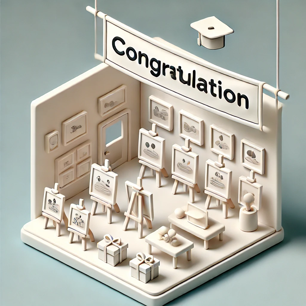 졸업작품 전시회: 작은 갤러리와 작품, 선물 상자, 축하 배너가 어우러진 심플하고 상징적인 이미지