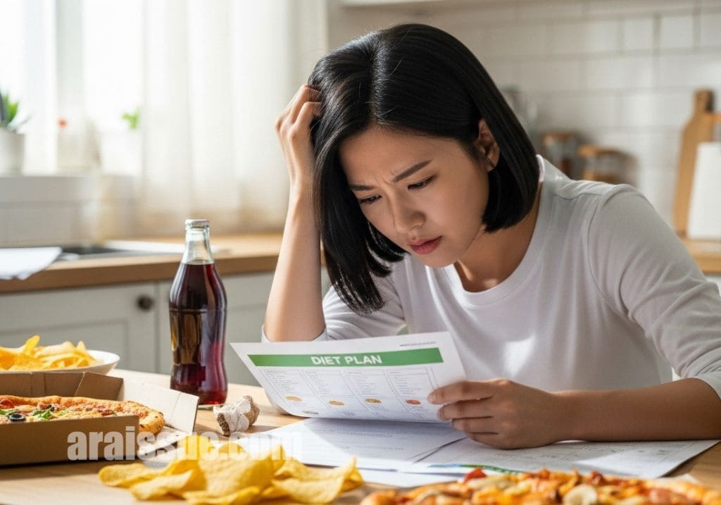 식단에 실패해 스트레스를 받는 초보자의 일상 모습 묘사