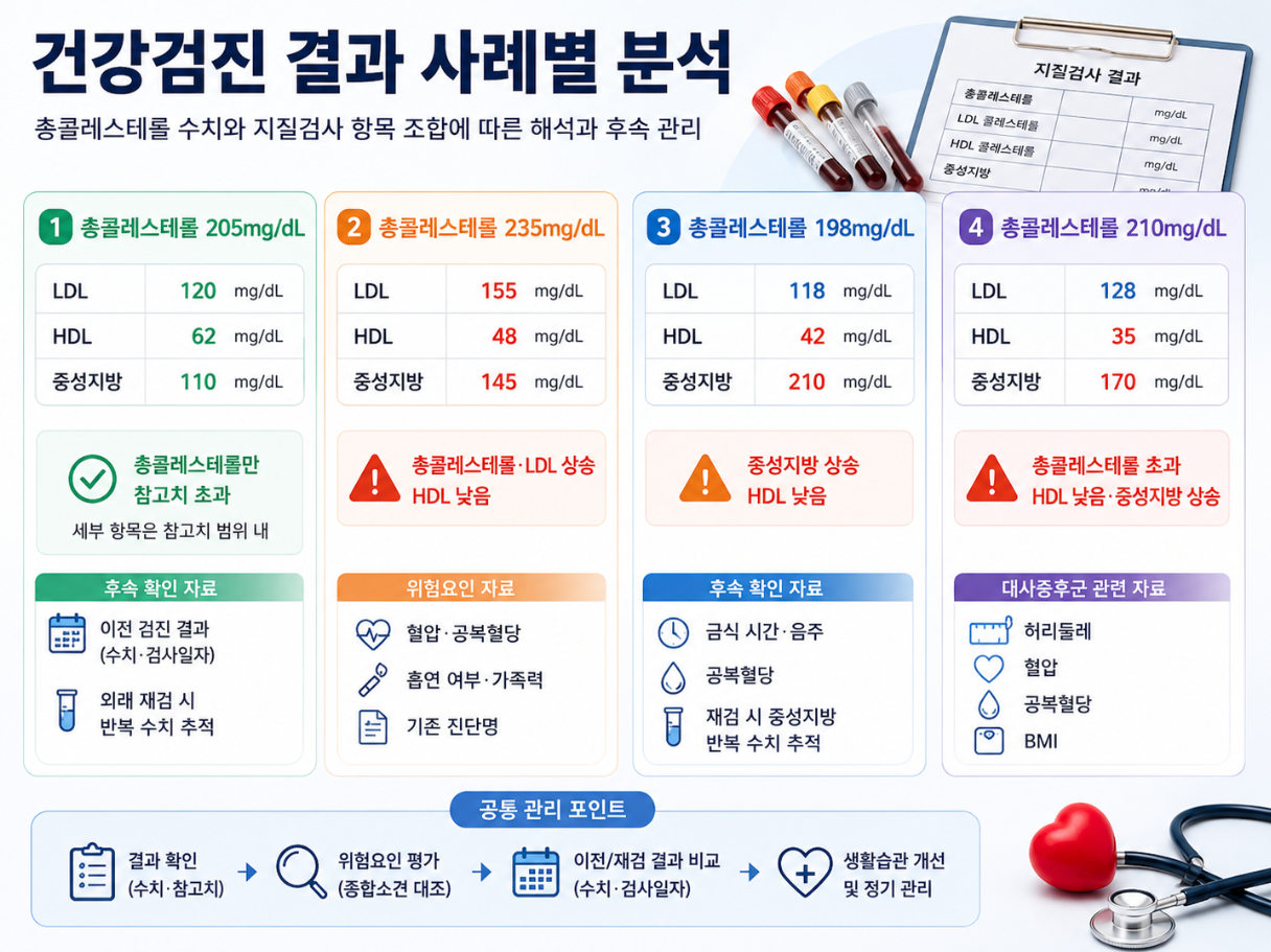 총콜레스테롤 수치와 LDL&middot;HDL&middot;중성지방 조합별 건강검진 결과 사례를 비교한 인포그래픽