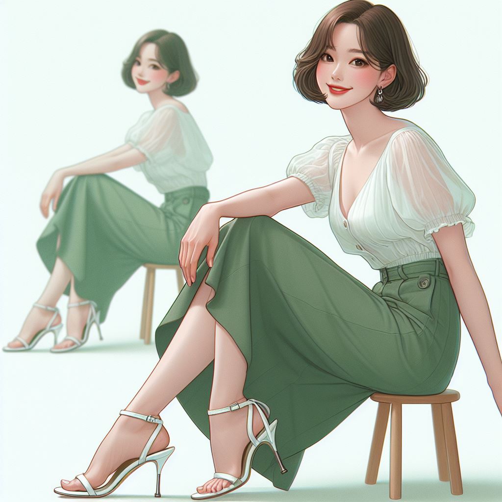 스트랩이 가늘고 굽이 높은 흰색 샌달을 신고, 길이는 7부인 H라인 녹색 롱스커트를 입고, 흰색 반팔 블라우스를 입고 단발머리 흑발의 예쁜 40대 한국 주부가 Nginx에서 예기치 않은 문제 해결하는 자연스러운 사진 와이드샷