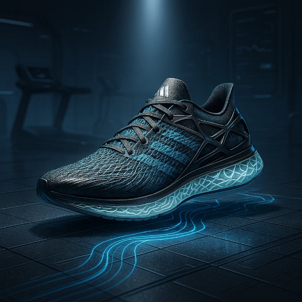 어두운 스마트 연구실 배경에서 형광빛 밑창과 세련된 블루 패턴이 강조된 미래형 스마트 운동화를 부각한 하이테크 감성의 일러스트