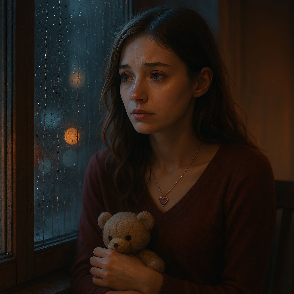 빗방울 맺힌 창가에 앉아 곰인형을 꼭 안고 있는 젊은 여성, 목에는 깨진 하트 모양 목걸이를 걸고 멀리 바라보는 쓸쓸한 표정, 따뜻한 실내 조명과 차가운 도시 불빛이 대비되는 감성적인 장면
