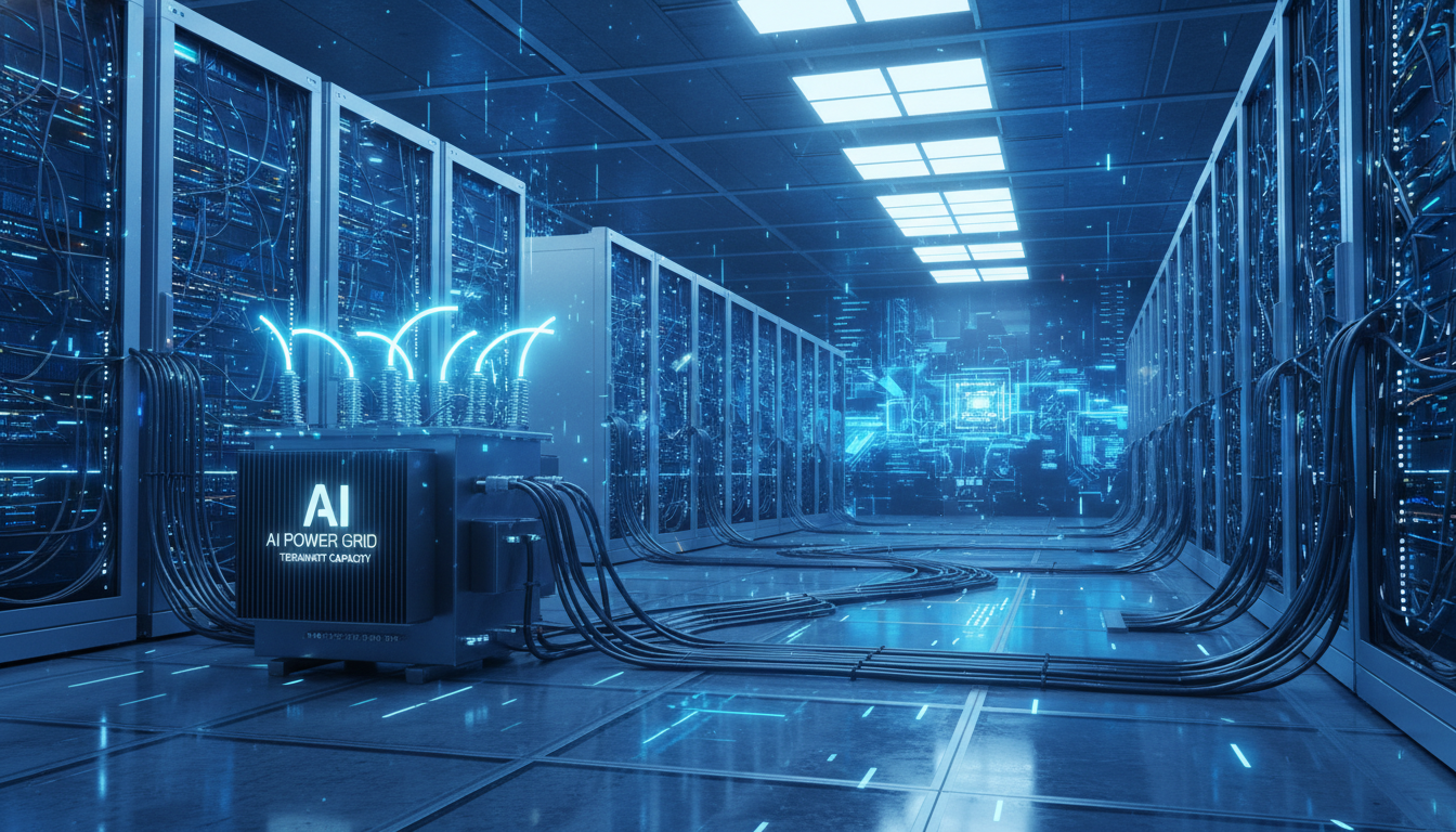 AI 데이터센터의 급증하는 전력 수요와 현대적인 변압기, 전력 인프라를 상징하는 이미지. 파란색 빛이 감도는 미래지향적인 분위기.