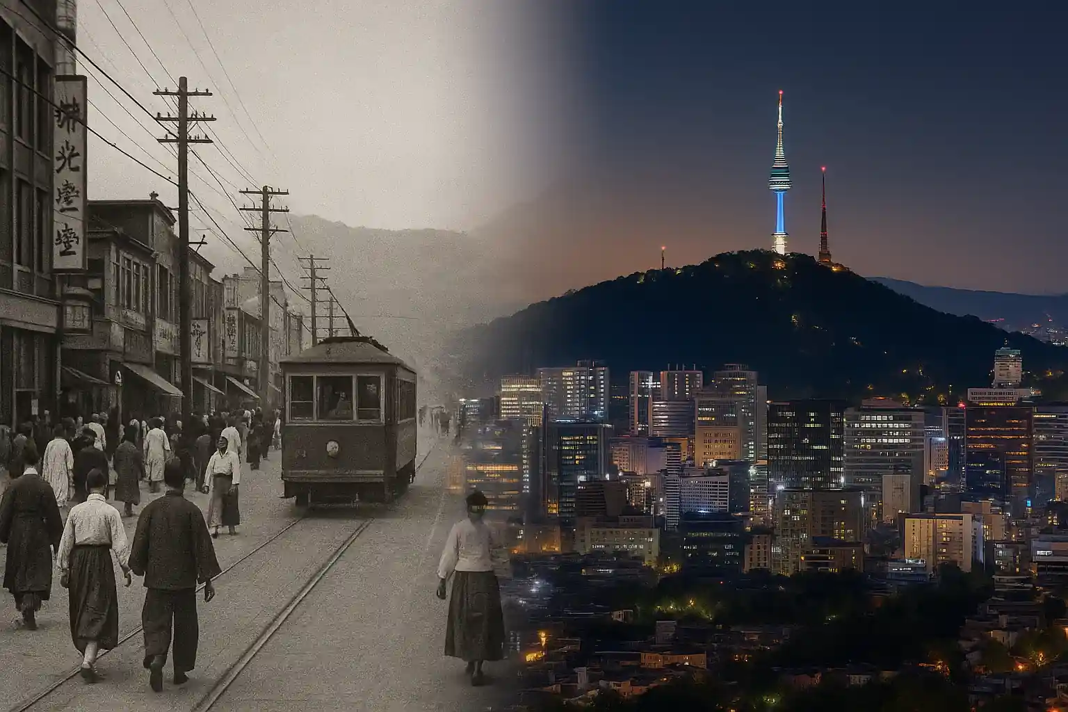 경성의 옛 거리에서 서울 남산타워 야경으로 전환되는 이미지