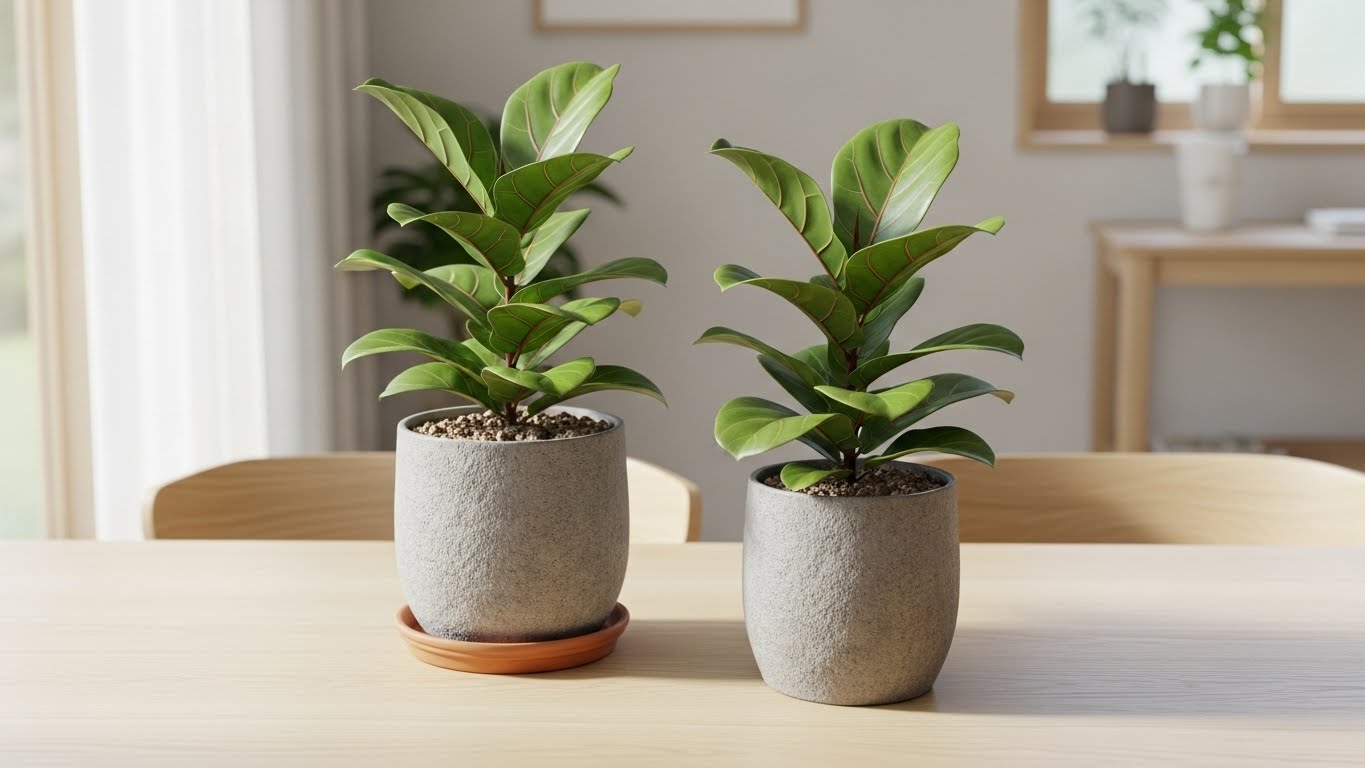 화분 받침이 있는 화분과 없는 화분이 나란히 놓여 비교되는 모습