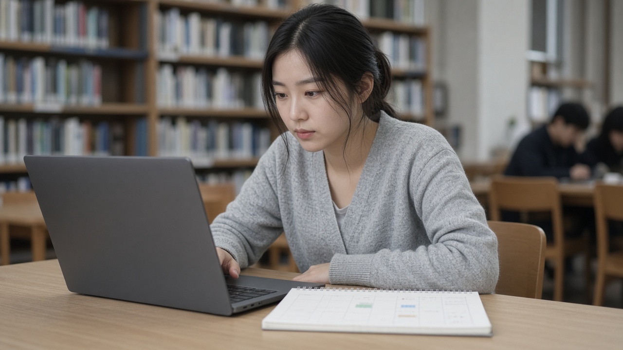 도서관 책상에서 노트북으로 시험 원서접수 화면과 달력을 함께 보는 20대 한국인 여성