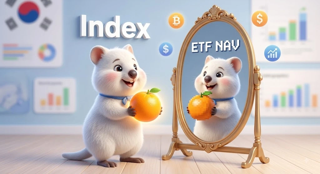 실제 기초지수(Index)를 상징하는 완벽한 오렌지가 거울(ETF NAV)에 비칠 때 미세하게 깨진 모습으로 나타나는 것을 통해, ETF가 기초지수를 100% 쫓아가지 못하고 추적오차가 발생하는 원리를 직관적으로 비유한 3D 일러스트.