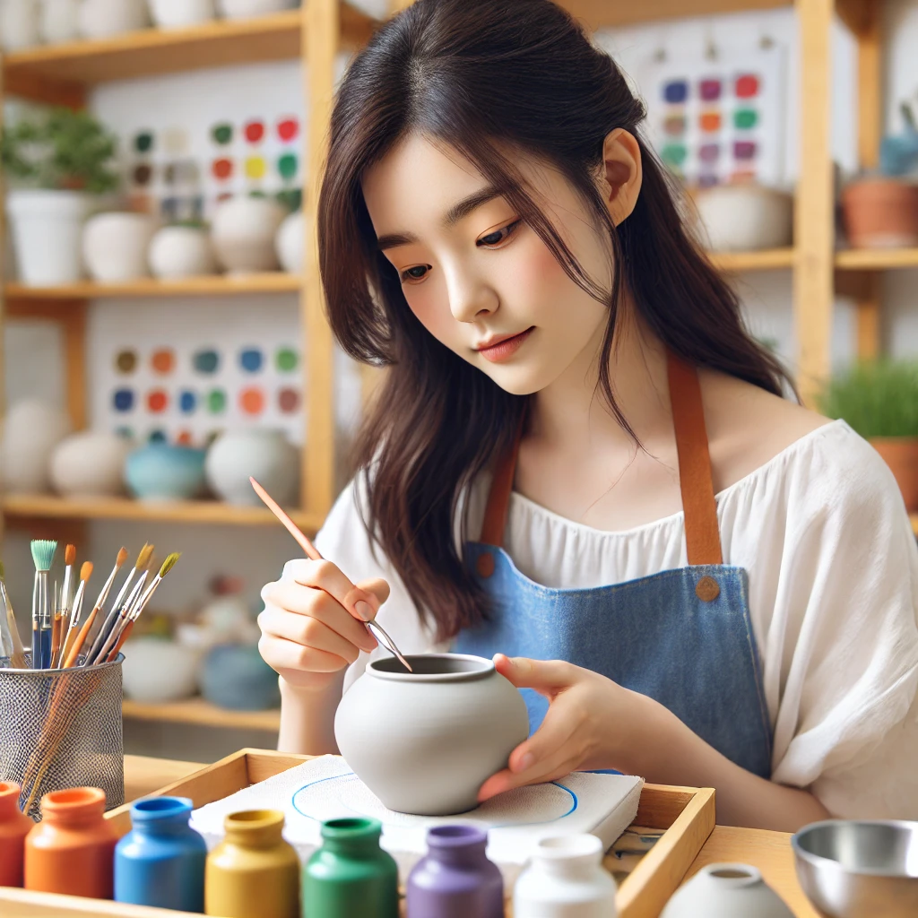 DIY 아트 스튜디오에서 도자기 화분에 색칠하며 집중하는 젊은 여성