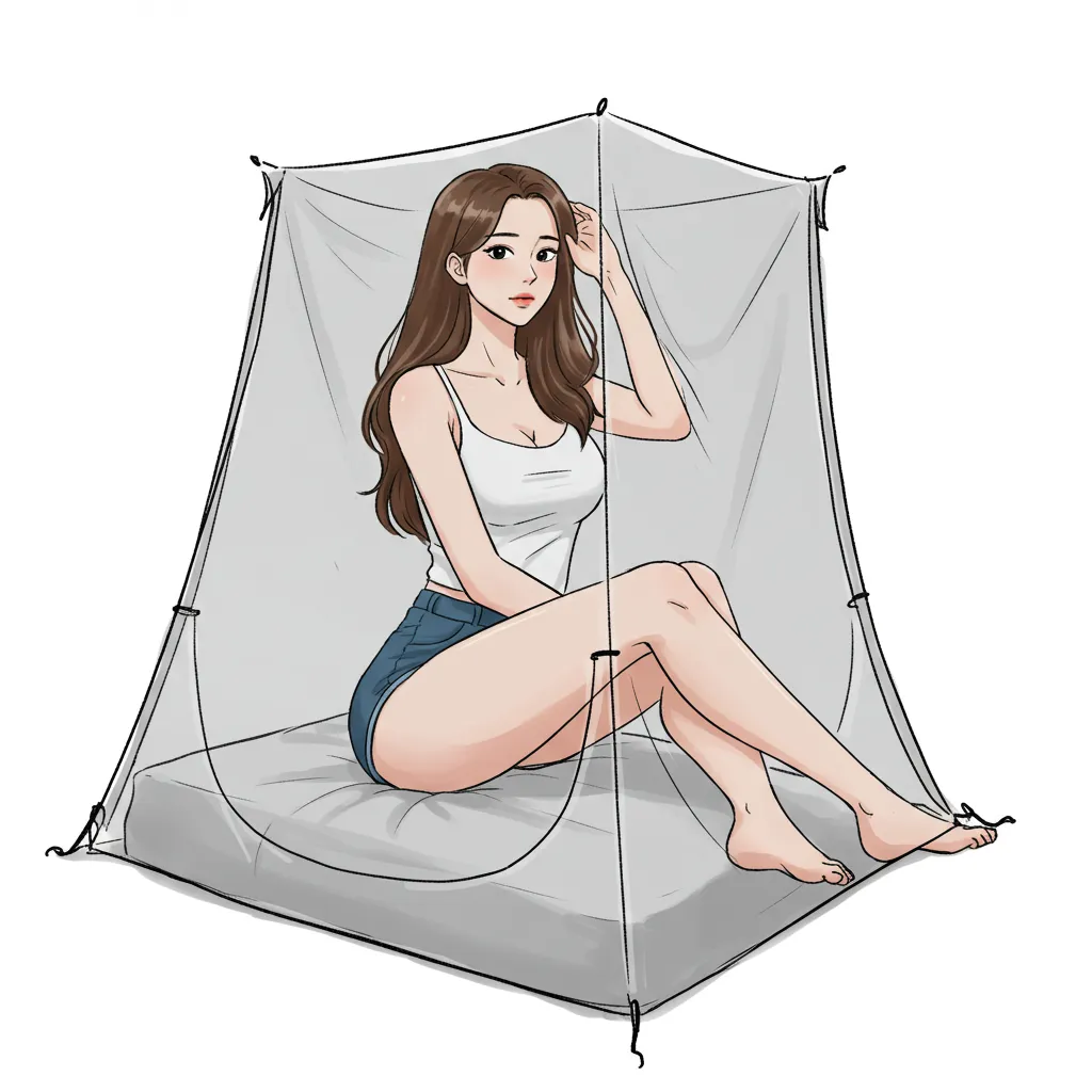 현관 모기장 안에 있는 여인1