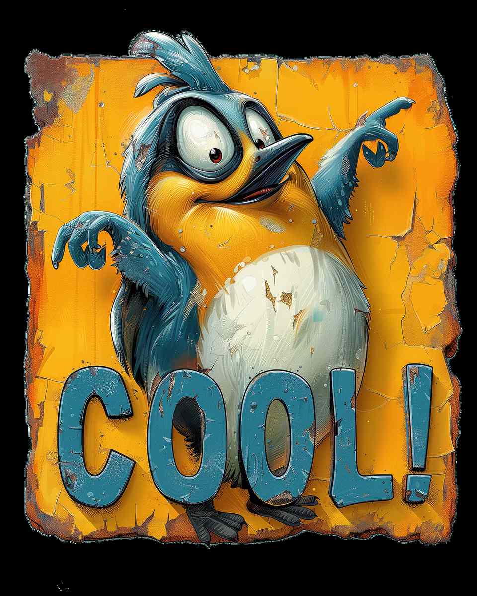노란 배경 위 파란 깃털의 익살스러운 새 캐릭터가 양팔을 벌리고 서 있으며, 아래에 굵은 글자 ‘COOL!’이 적힌 일러스트. AI 생성이미지.