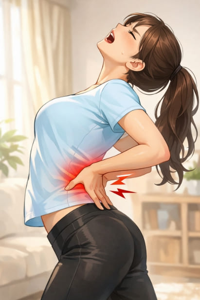 허리를 뒤로 젖히며 통증 느끼는 모습