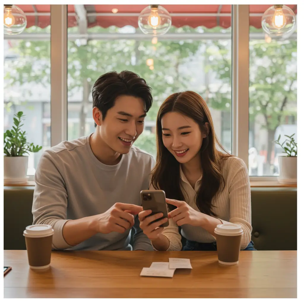 데이트 예산을 관리하며 가계부 앱을 함께 확인하는 한국인 커플의 모습