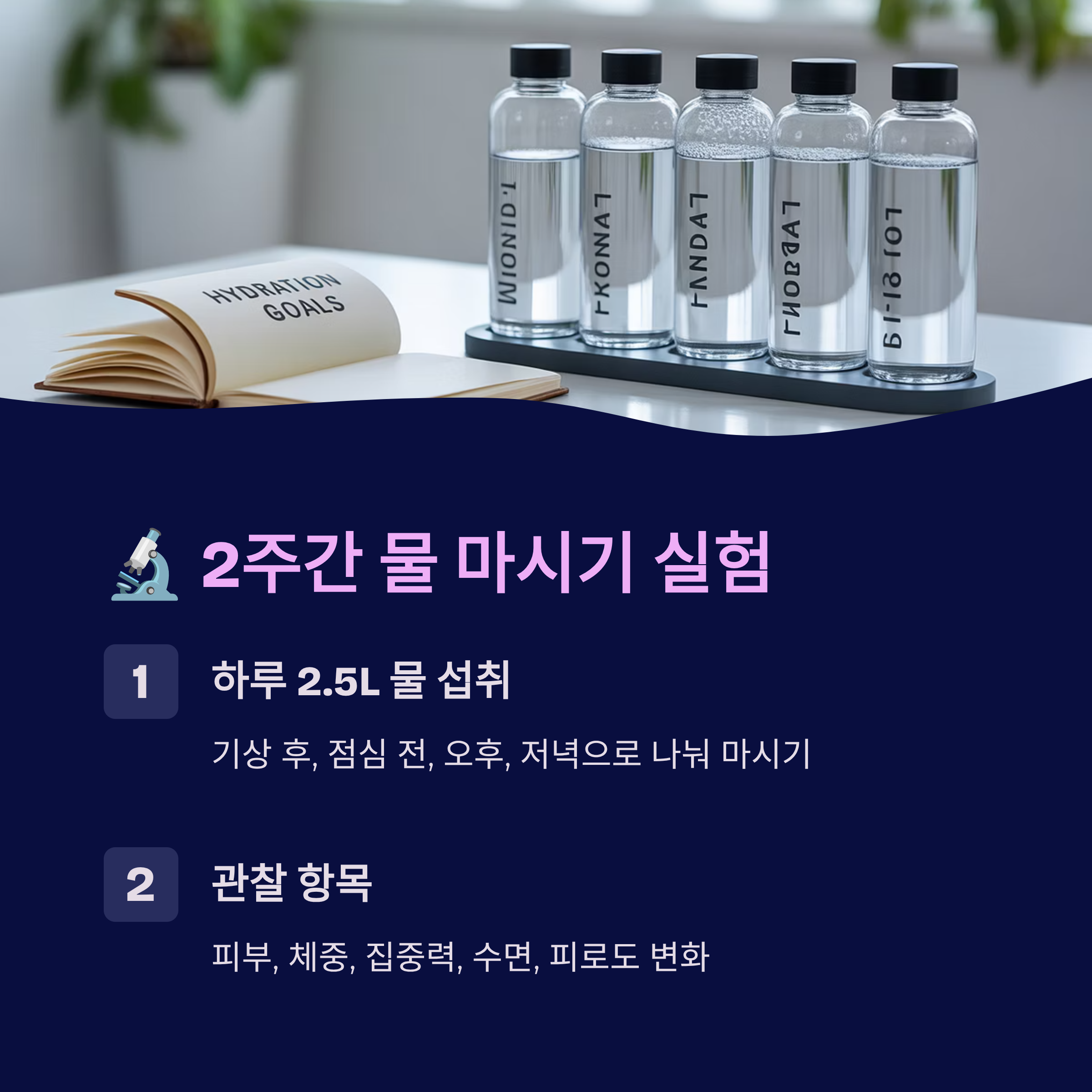 2주간 하루 2.5L 물 마신 실험 구성과 관찰 항목 요약 이미지