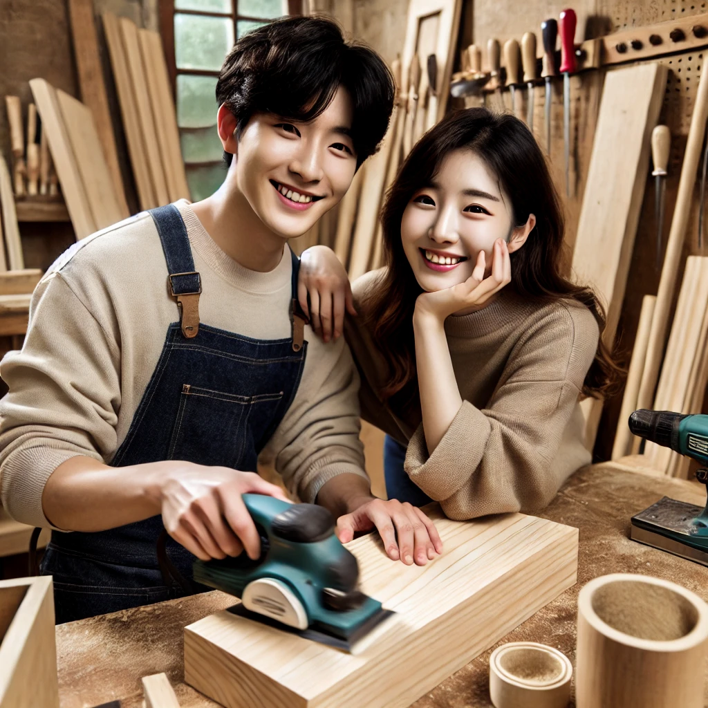 목공 작업장에서 나무를 함께 연마하며 웃고 있는 젊은 커플