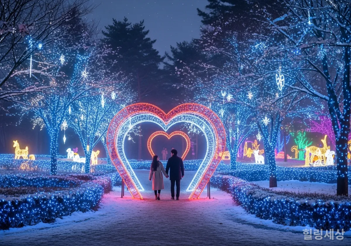 화려한 조명으로 빛나는 청도 프로방스 빛 축제 야경과 산책하는 커플