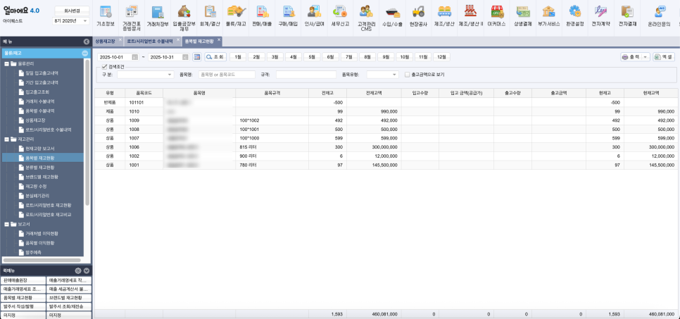 아이퀘스트 [얼마에요ERP] 품목별 재고 현황 관리