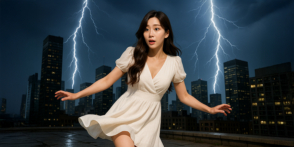 번개 내리치는 도시에서 놀란 사람