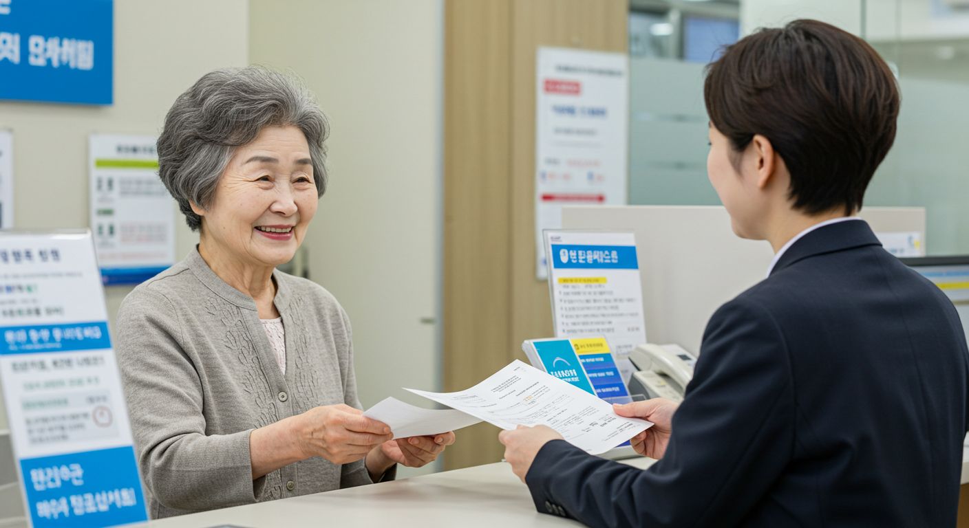 은행 창구에서 상담받는 시니어 고객