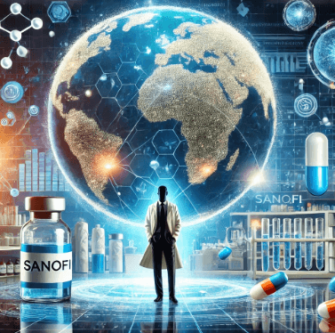 한남자가 하얀 의사 가운을 입고 가온데 서있으며 옆에는 sanofi라는 문구가 적힌 약병이 들어있으며 위로는 지구본이 떠있어 이 회사가 세계 시장에 진출한 느낌을 주는 그래프와 표식들이 세겨져 있다.