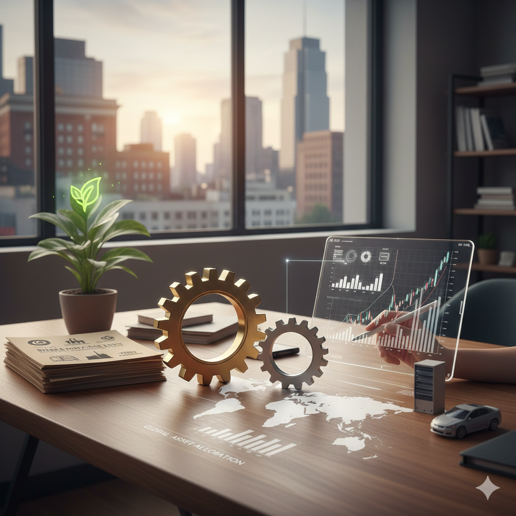 도시 전망이 보이는 사무실 책상 위에서 글로벌 자산 배분 데이터와 기어 모형, 금융 차트를 시각화한 장면
