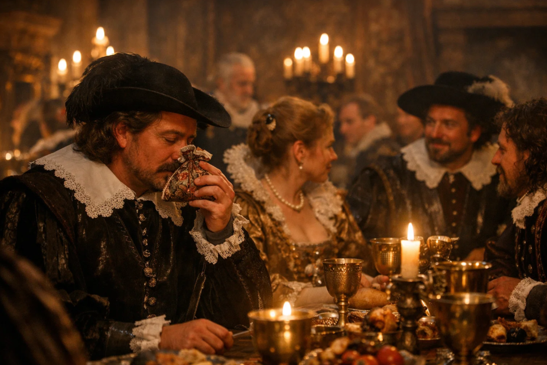 향주머니를 코에 대고 냄새를 피하려는 중세 귀족들의 식사 장면