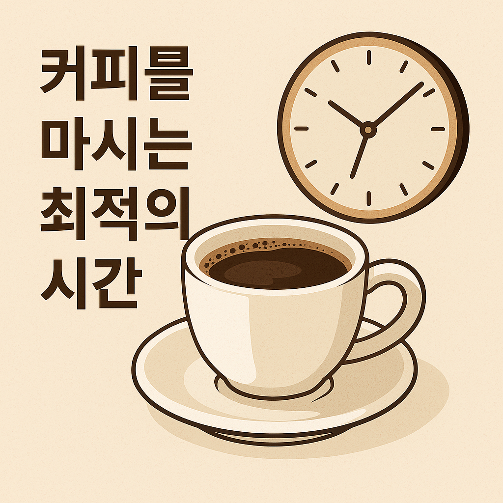 커피를 마시는 최적의 시간 문구와 시계, 커피잔이 함께 있는 일러스트 이미지