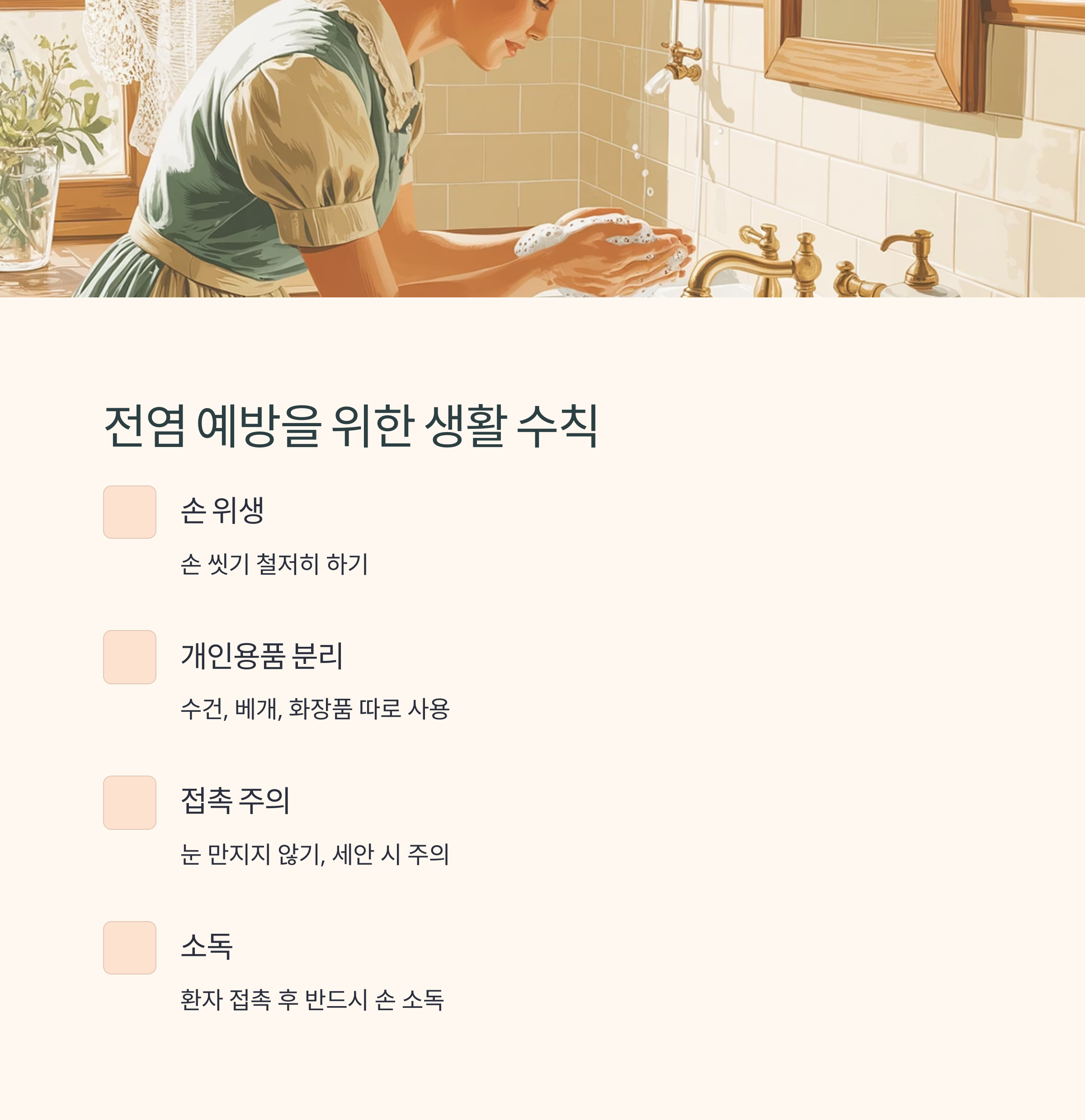 결막염 전염 예방을 위한 생활 수칙을 설명하는 일러스트 인포그래픽 이미지