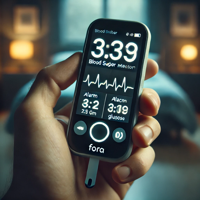 포라 혈당 측정기의 알람 기능을 사용해 혈당을 측정하는 모습.