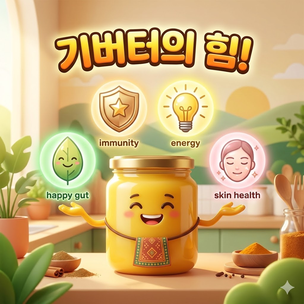 다양한 건강 효능을 상징하는 아이콘과 함께 기버터의 힘을 강조하는 귀여운 기버터 캐릭터 3D 카툰 일러스트.