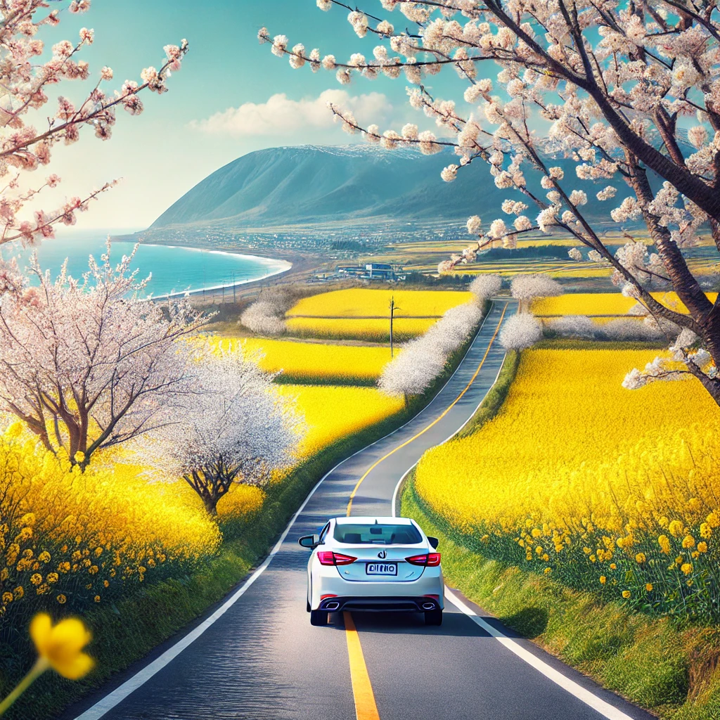제주도의 봄 풍경 속 도로를 달리는 자동차와 푸른 하늘