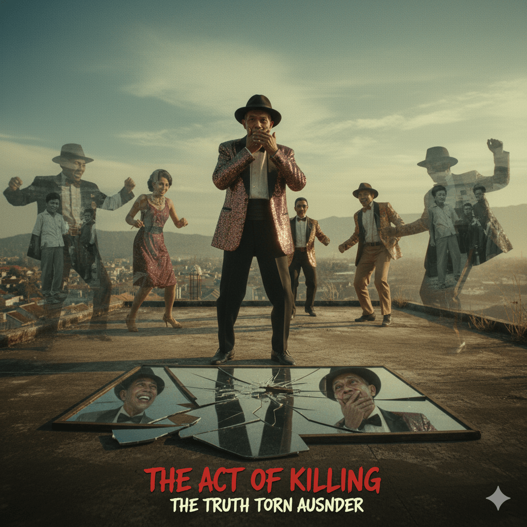 영화 액트 오브 킬링에서 화려한 의상을 입은 가해자가 깨진 거울 속 자신의 진실된 투영을 마주하는 초현실적인 장면