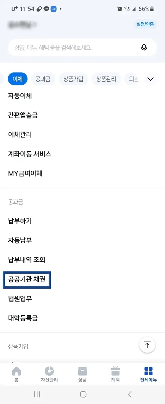 자동차 환급금-
신한어플 화면 하단 검정글씨 공공기관 채권에 파란색 테두리