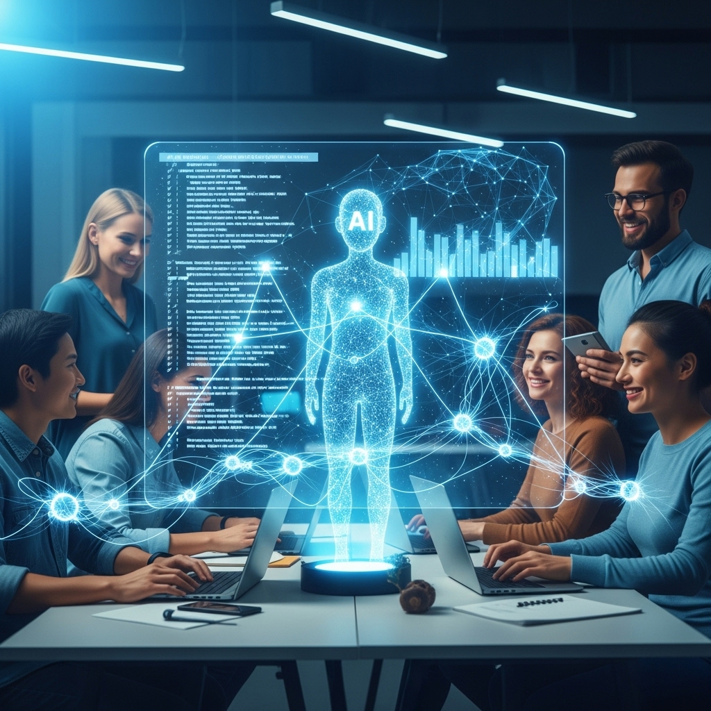 스타트업 개발자들이 AI 코드 리뷰 도구를 활용하여 코드를 검토하고 협업하는 미래적인 사무실 풍경.